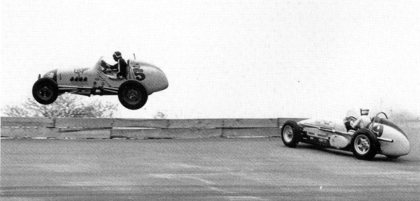 April 19, 1959 at Trenton race track - On the 56th lap of the 100-miler, third-place runner Don Branson, who had broken the track record qualifying, spun in turn three in the Bob  Estes #9. As shown above, Dick Linder caught one of his wheels, flew out of the park, flipped, and perished. Linder, 36, was no kid at the time, but he was moving up. After amassing over 100 feature wins in the Pennsylvania area, Linder had run some NASCAR on the Beach and was now trying USAC. He was driving the Jake Vargo KK4000 and hoped to make Indy the next month.