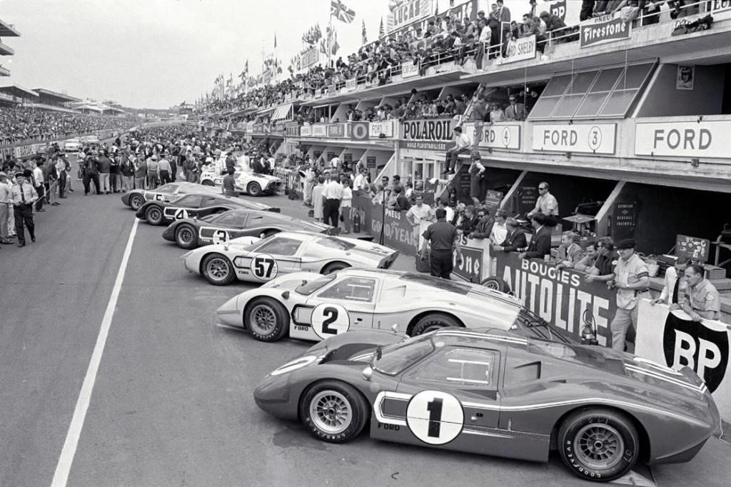 Le Mans 1967: The mighty Ford armada awaits the start at Le Mans in 1967. Fittingly, the car wearing the No. 1 meatball would go on to win the race.