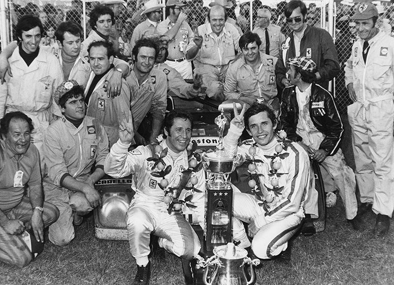 Mario Andretti and Jackie Ickx celebrate Daytona win in 1972
