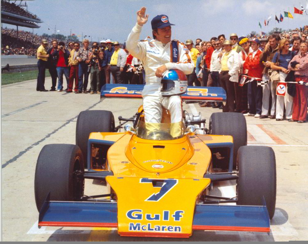 Alonso's car will be the historic McLaren Orange like Rutherford ran in 1973  - seen here after winning the pole at Indy