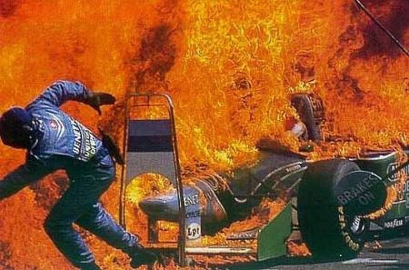 The mental midgets in F1 refueled under pressure, instead of gravity feed like IndyCar and NASCAR. The result - July 1994 Jos Verstappen Benetton pit lane fire 