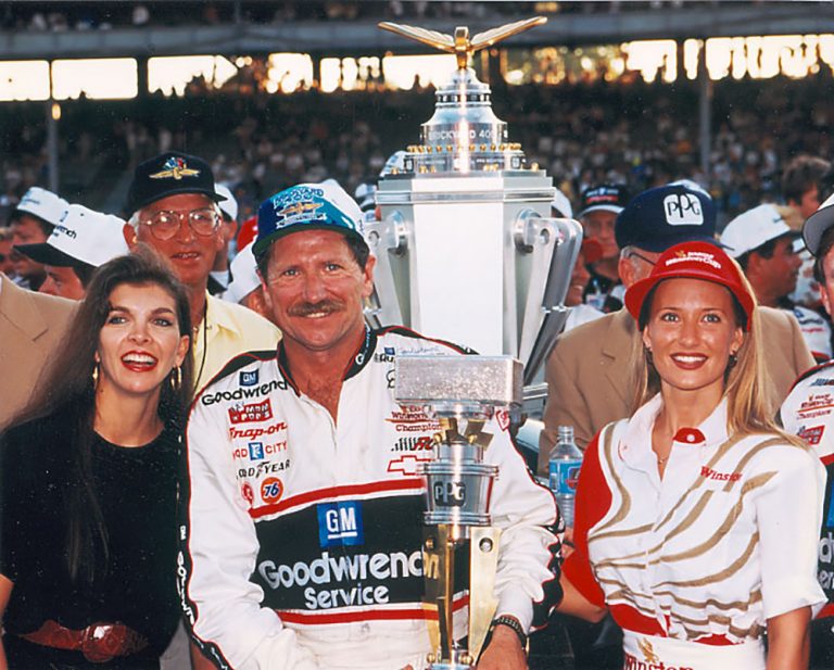 Dale Earnhardt enjoys the moment 1995 Brickyard 400 Victory Circle, along with wife, Teresa.