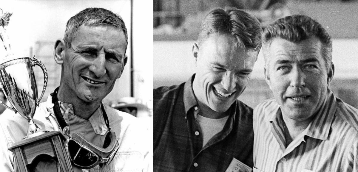Ken Miles (L) and Dan Gurney and Carroll Shelby