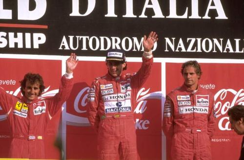 Alan Prost, Ayrton Senna and Gerhard Berger on the podium after the 1990 Italian GP at Monza