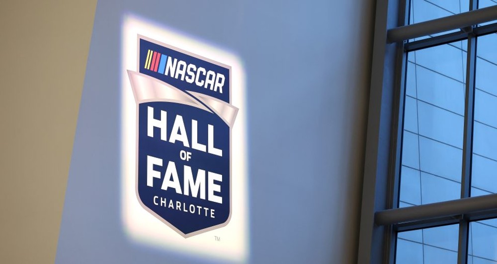 A detail view of a NASCAR Hall of Fame logo during the NHOF Class of 2026 Blue Jacket Ceremony at NASCAR Hall of Fame on January 22, 2026 in Charlotte, North Carolina. (Photo by David Jensen/Getty Images for NASCAR)