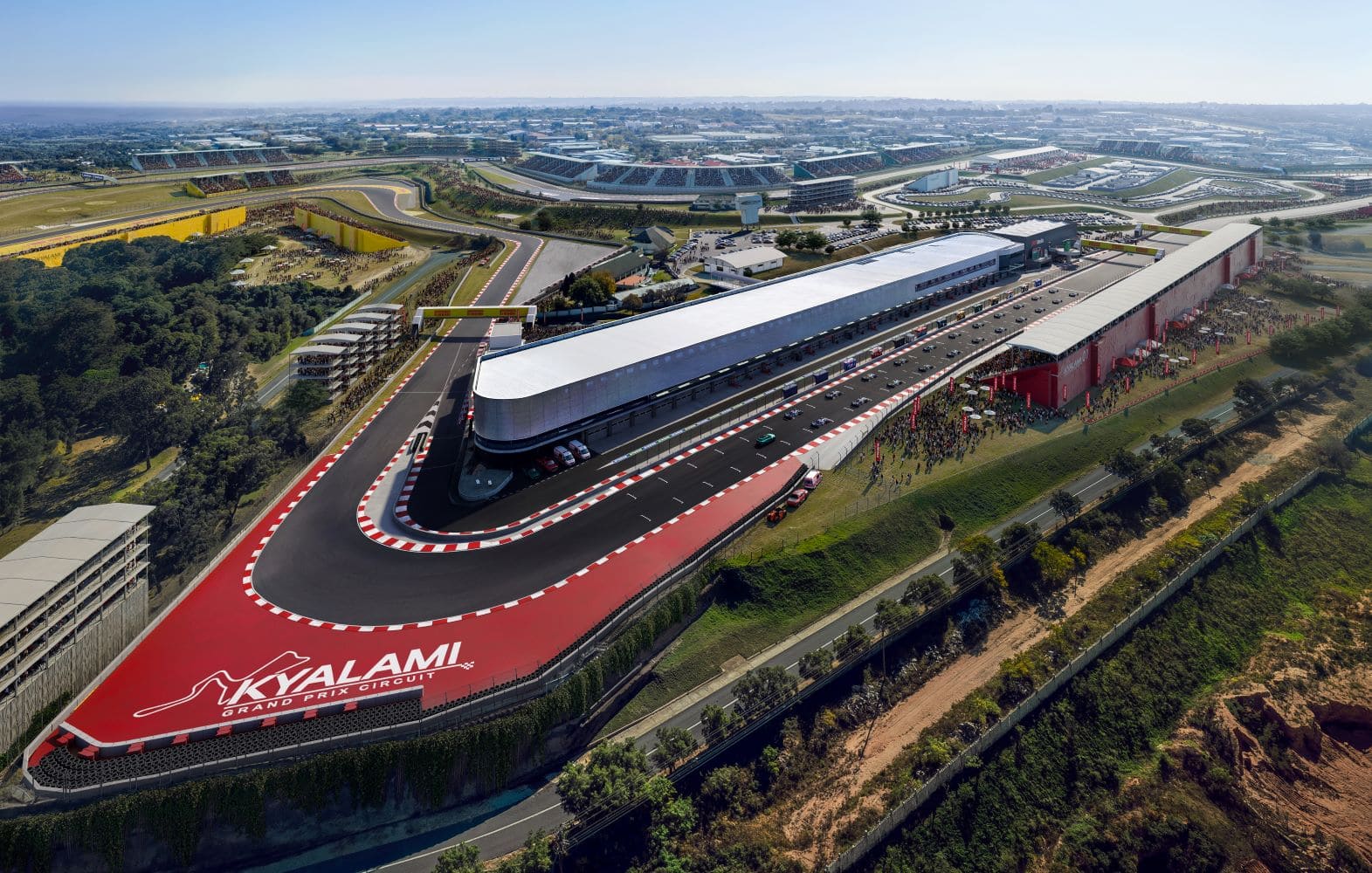 An artistic impression of the Kyalami Grand Prix circuit hosting an F1 race with new stands and hospitality areas around the track. Picture: Supplied