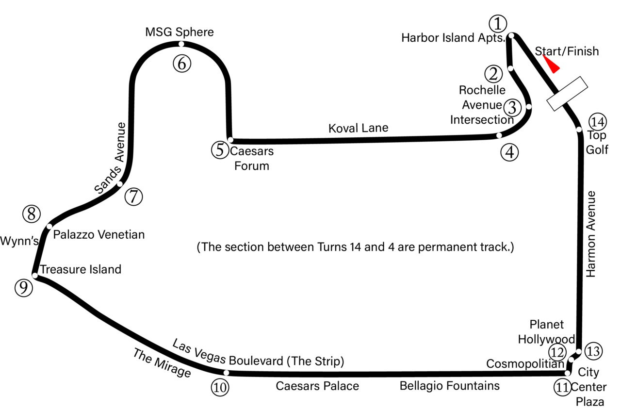 3.8-mile Las Vegas GP Circuit.  Race will be 50 laps with top speeds in excess of 210 mph