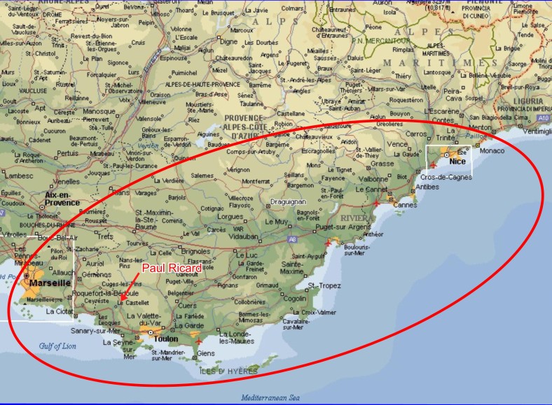 Note Paul Ricard's proximity to Marseille, Nice and Monaco