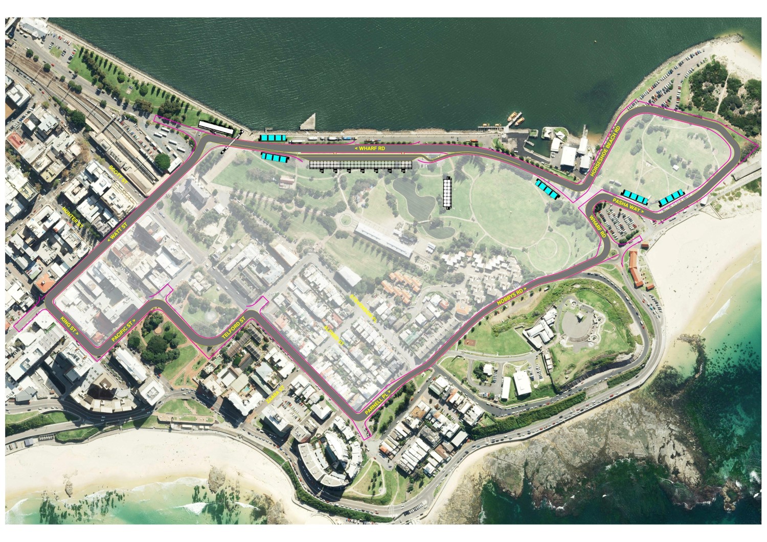 The Newcastle Street Circuit will travel along Wharf Road, and past the iconic Nobby's Beach.